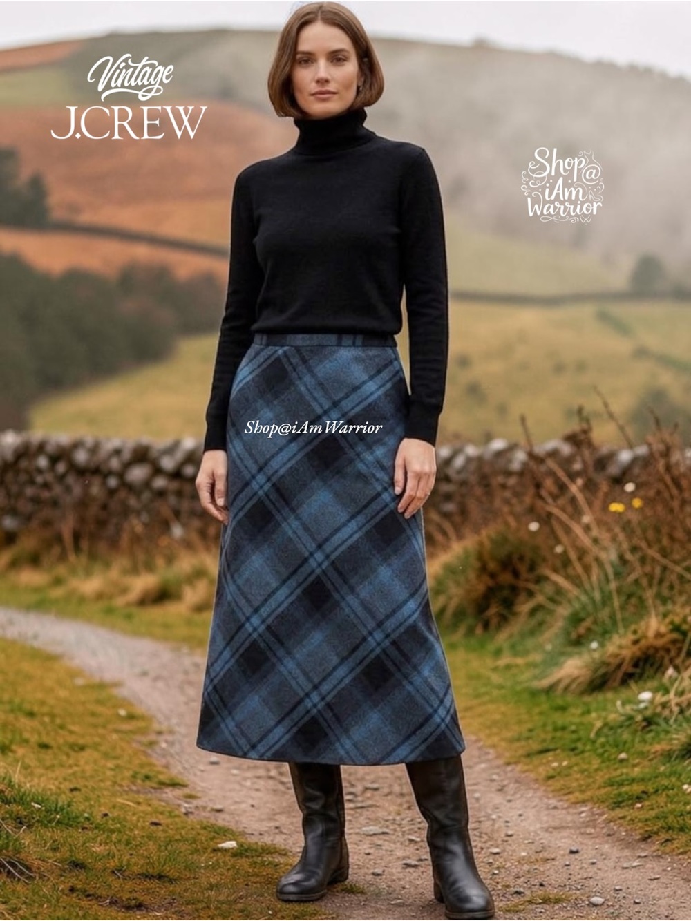 Vintage J.Crew Blue Black Plaid Wool Blend Long Midi Skirt shop@iAmWarrior